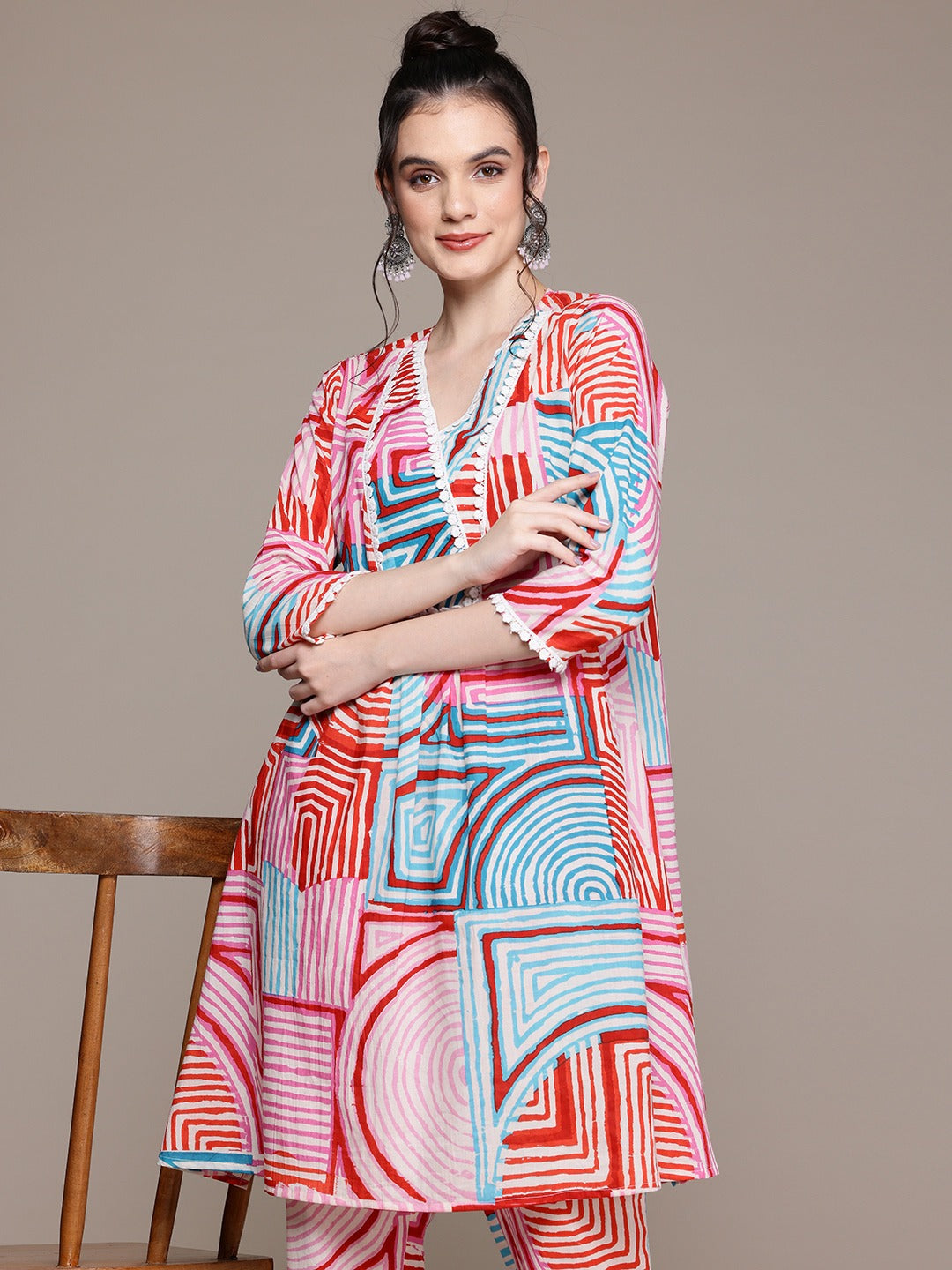 A Line Style Cotton Fabric Multi Color Co-Ord Set