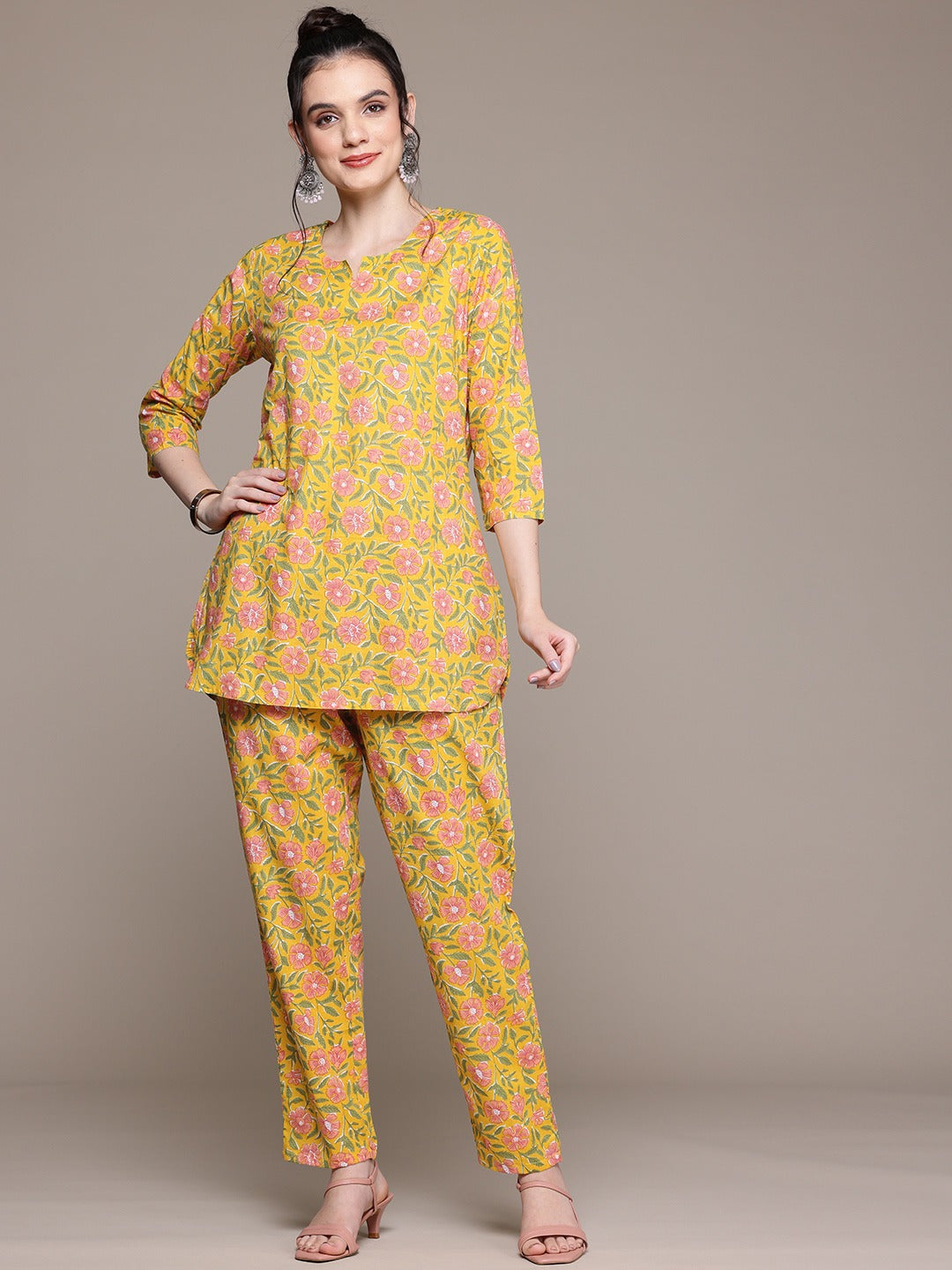 Straight Style Cotton Fabric Yellow Color Co-Ord Set