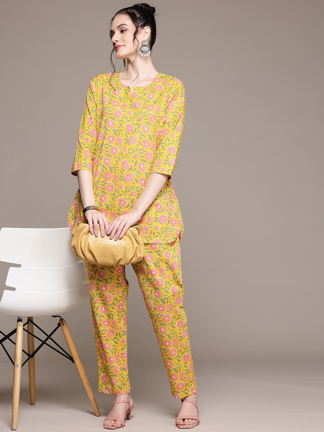 Straight Style Cotton Fabric Yellow Color Co-Ord Set