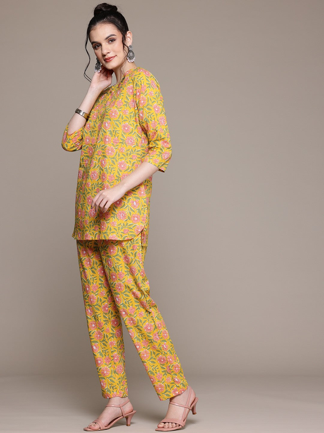 Straight Style Cotton Fabric Yellow Color Co-Ord Set