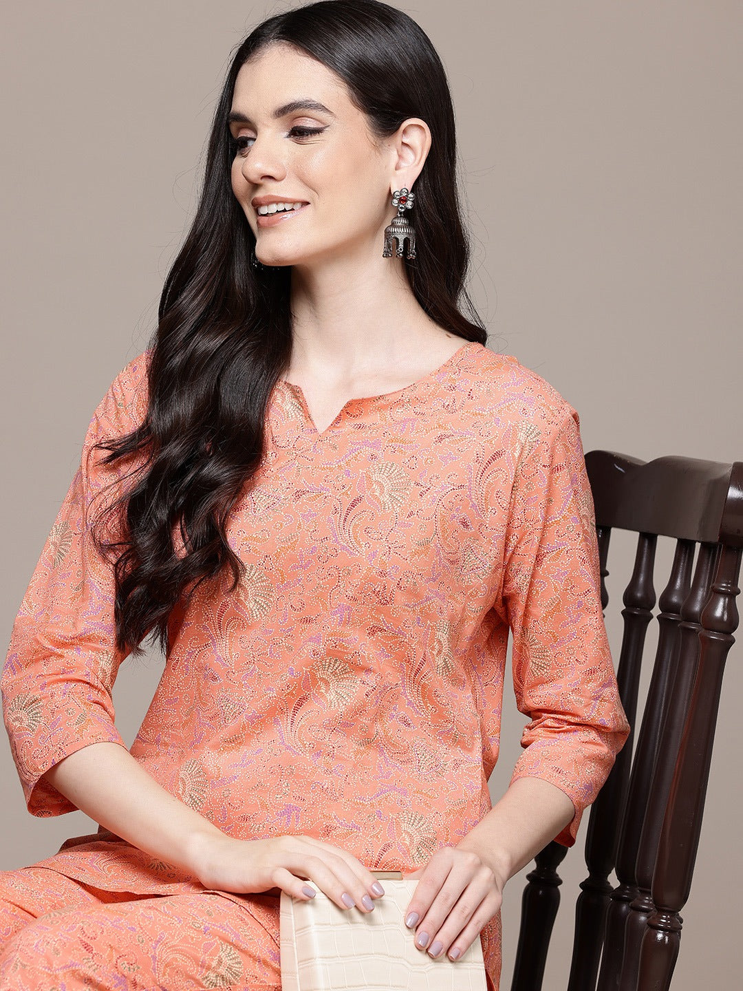 Straight Style Cotton Fabric Peach Color Co-Ord Set