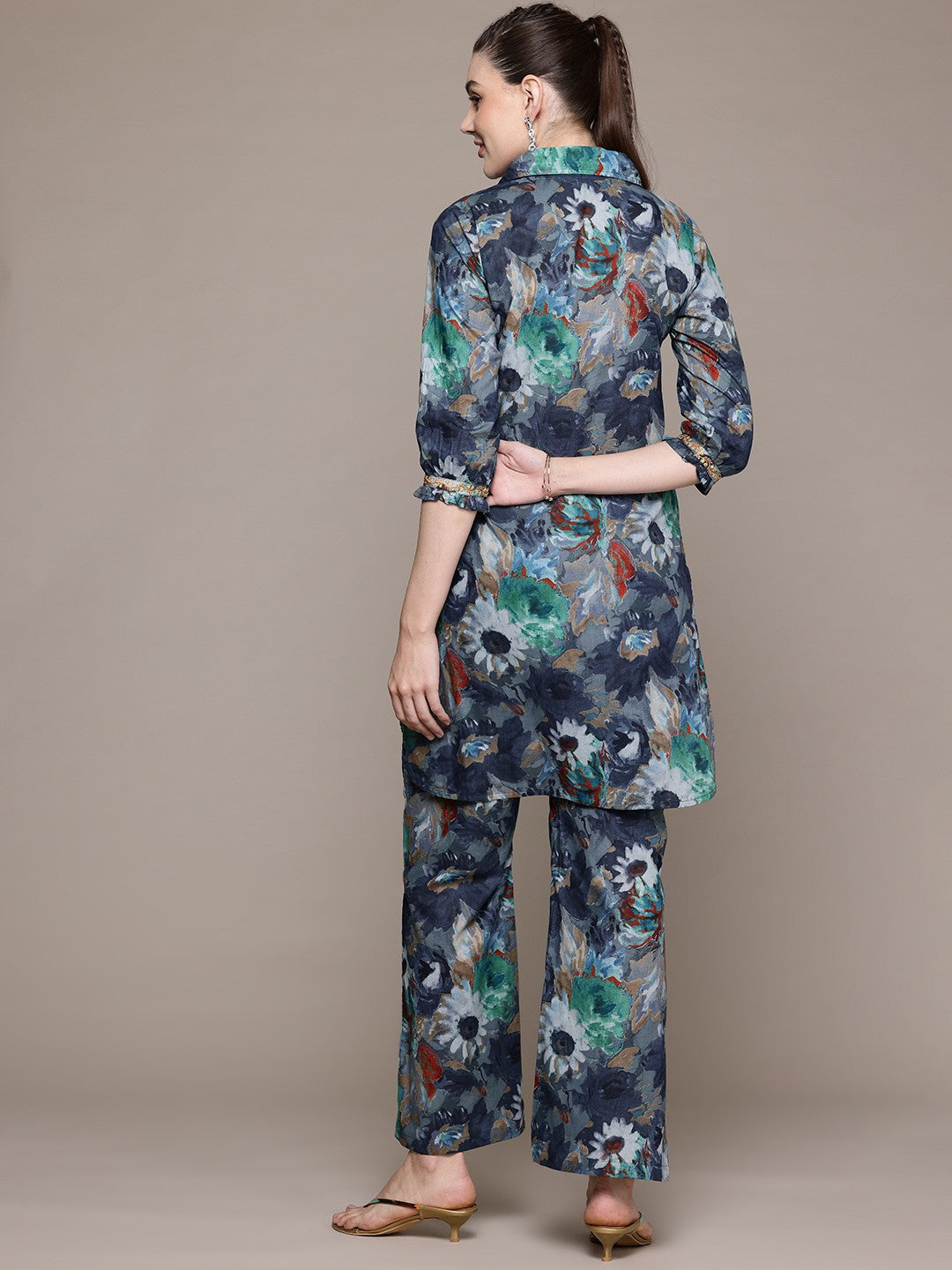 Straight Style Cotton Fabric Navy Blue Color Co-Ord Set