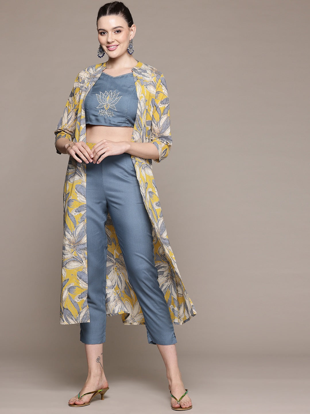 Straight Style Cotton Fabric Grey Color Co-Ord Set