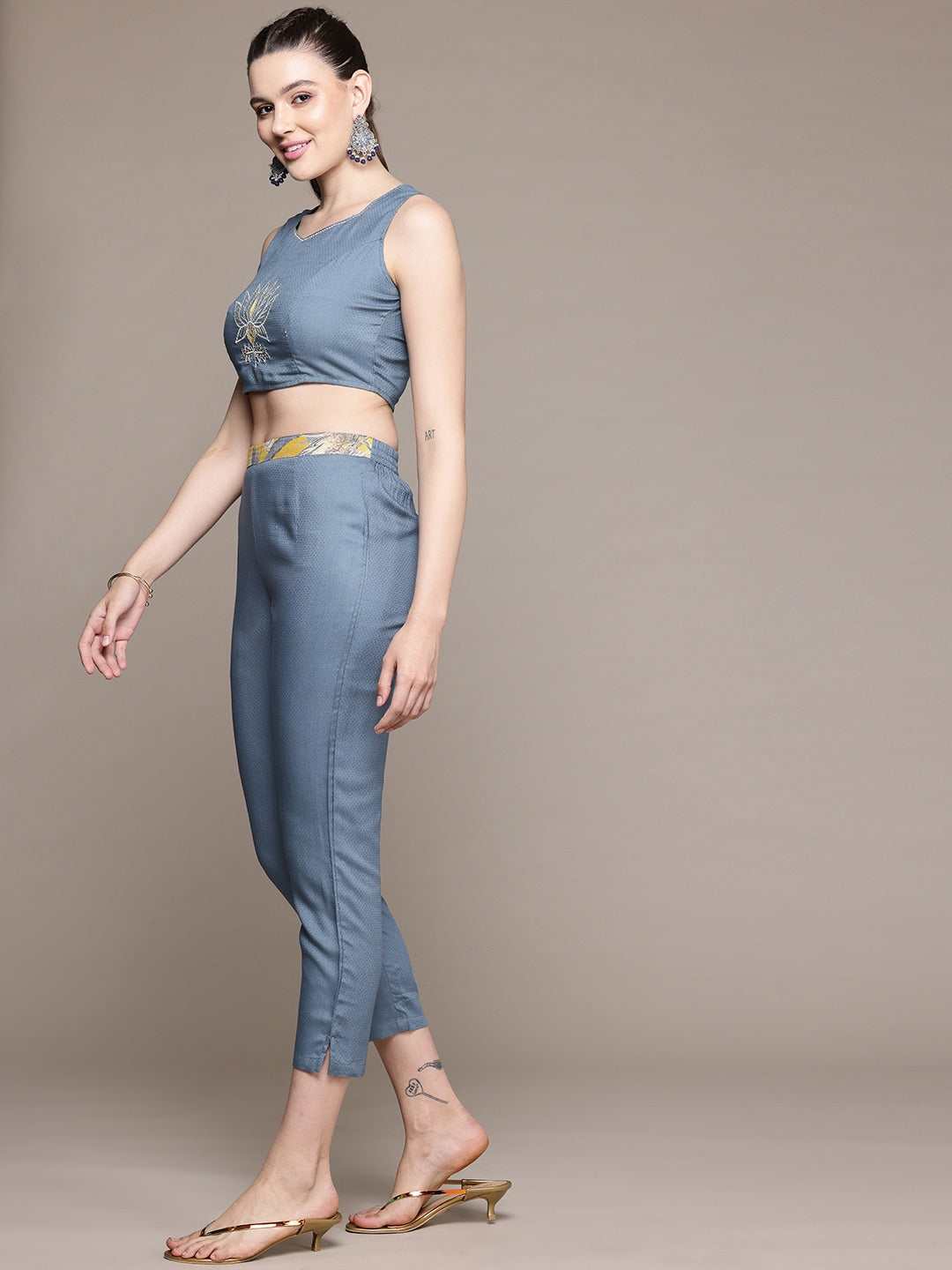 Straight Style Cotton Fabric Grey Color Co-Ord Set