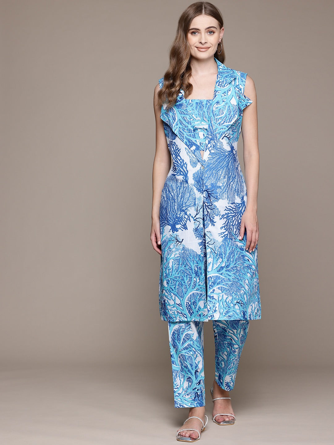 Straight Style Cotton Fabric Blue Color Co-Ord Set With Shrug