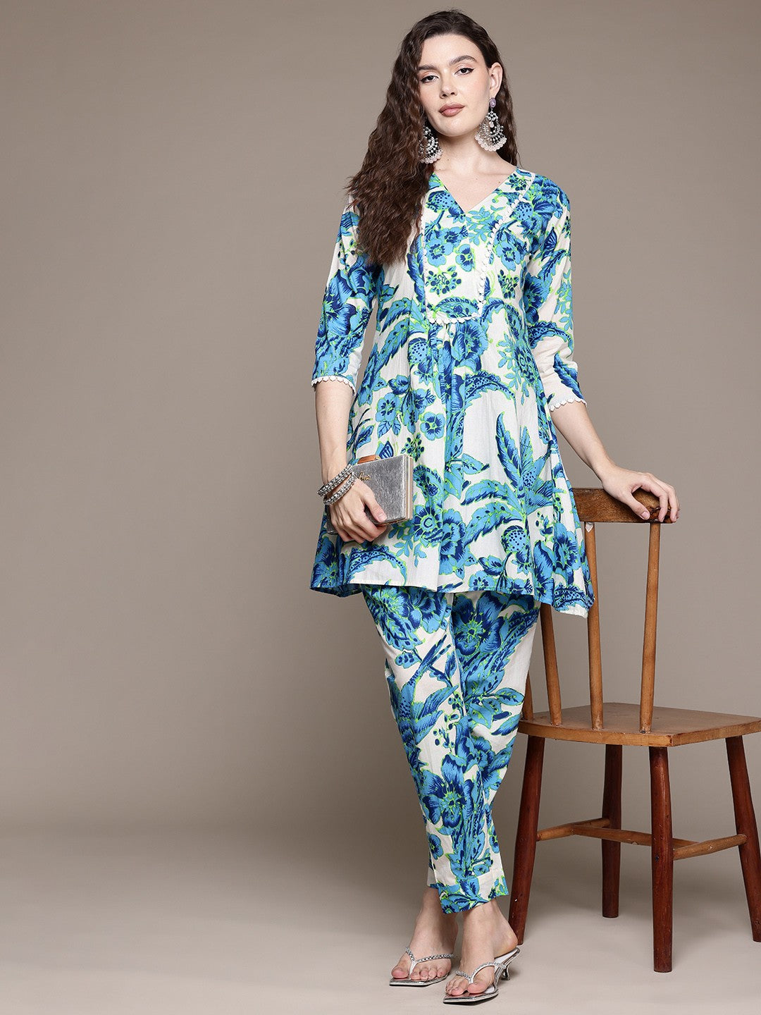 A Line Style Cotton Fabric Blue Color Co-Ord Set