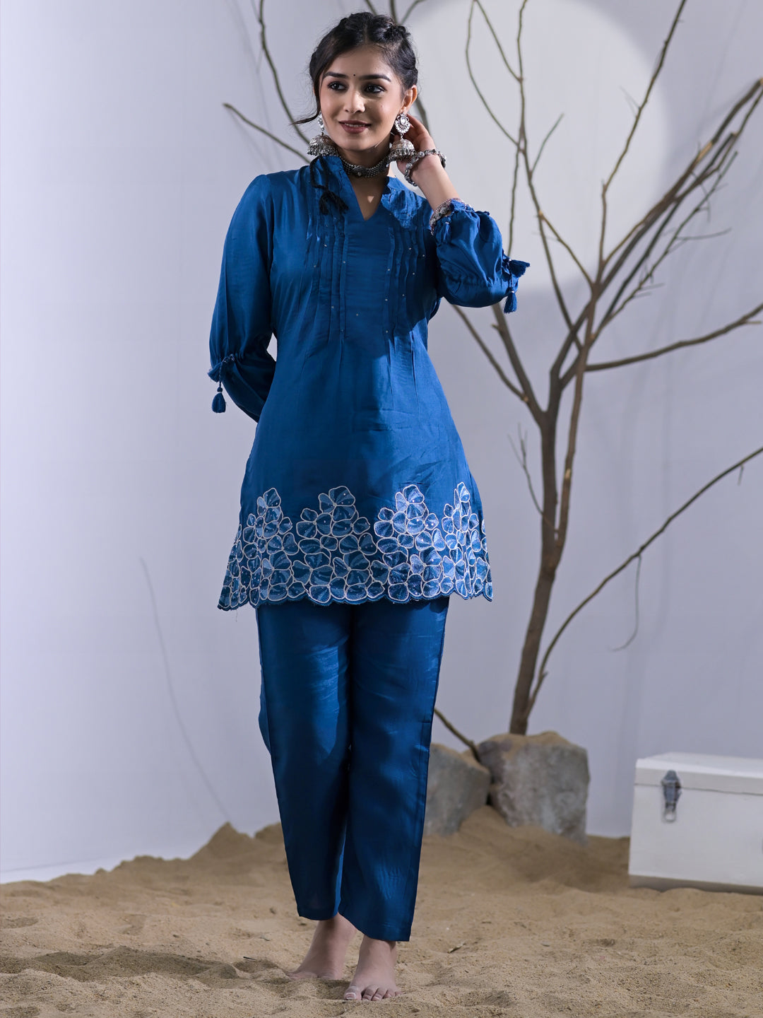 A Line Style Silk Fabric Blue Color Embroidered & Sequence Kurta And Bottom