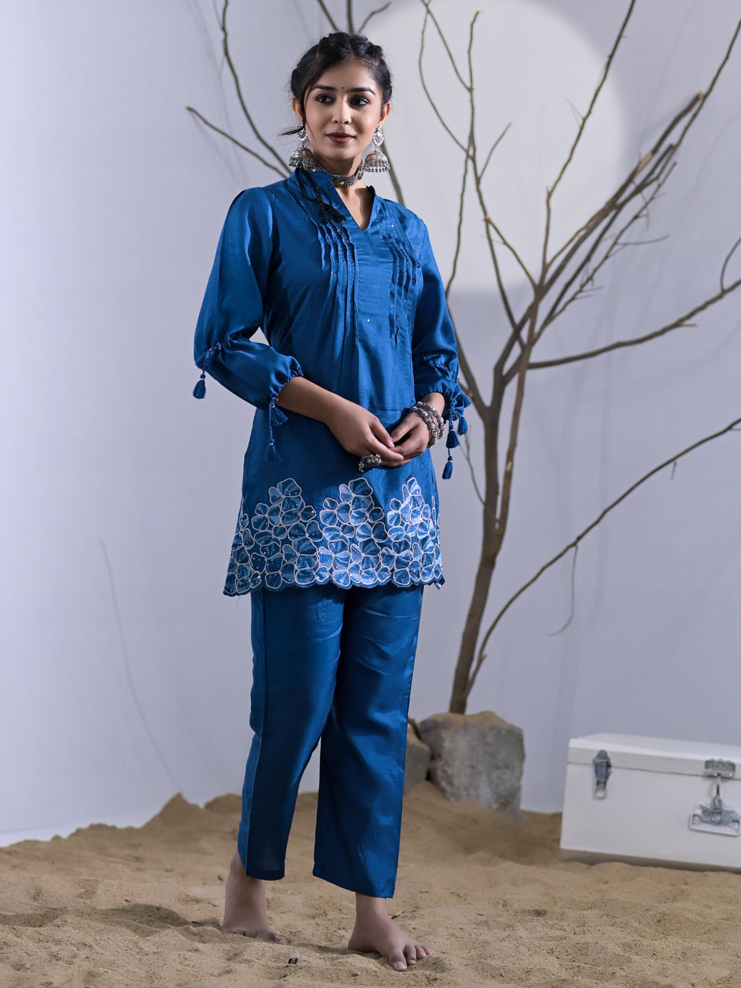 A Line Style Silk Fabric Blue Color Embroidered & Sequence Kurta And Bottom