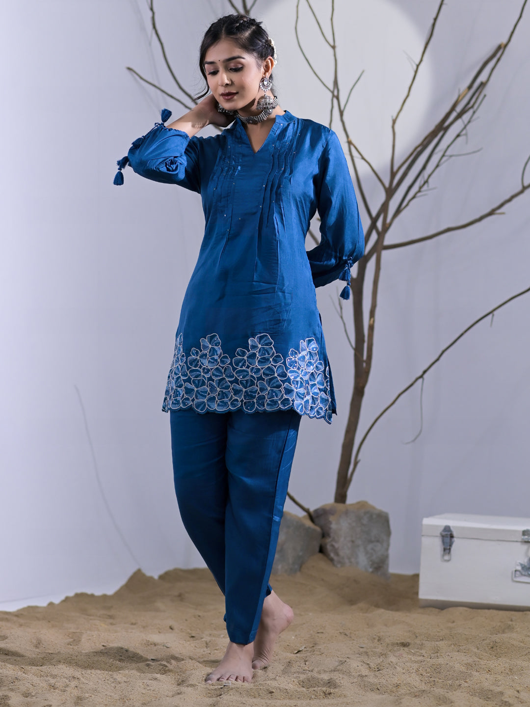 A Line Style Silk Fabric Blue Color Embroidered & Sequence Kurta And Bottom