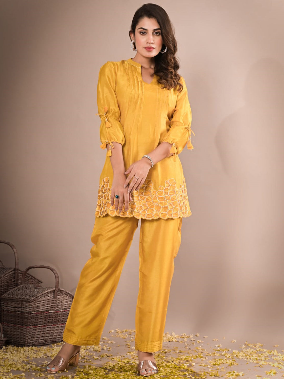 A Line Style Silk Fabric Yellow Color Embroidered & Sequence Kurta And Bottom