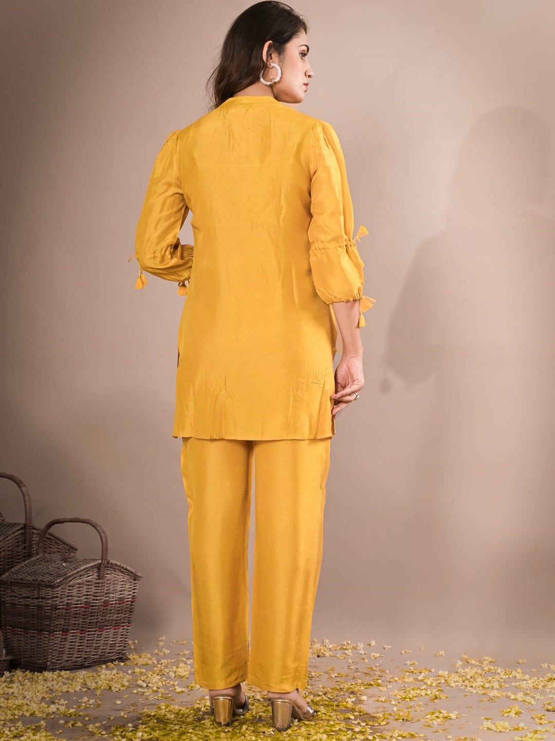 A Line Style Silk Fabric Yellow Color Embroidered & Sequence Kurta And Bottom