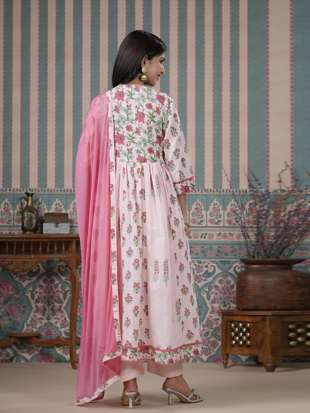 Flared Style Cotton Fabric Pink Color Kurta And Bottom With Dupatta