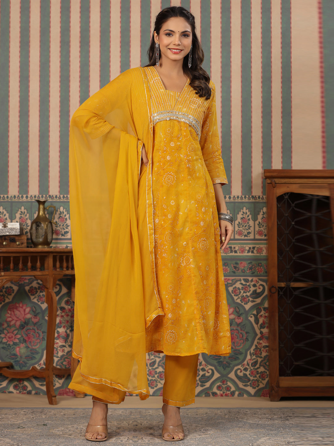 Anarkali Style Mulmul Cotton Fabric Mustard Color Kurta And Bottom With Dupatta