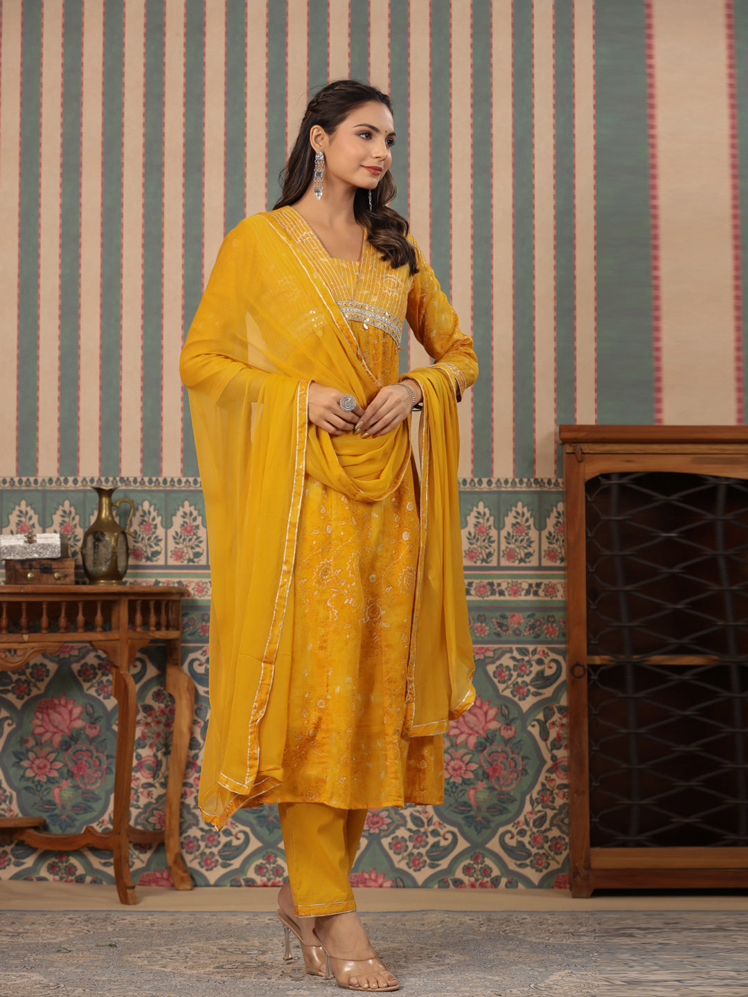 Anarkali Style Mulmul Cotton Fabric Mustard Color Kurta And Bottom With Dupatta