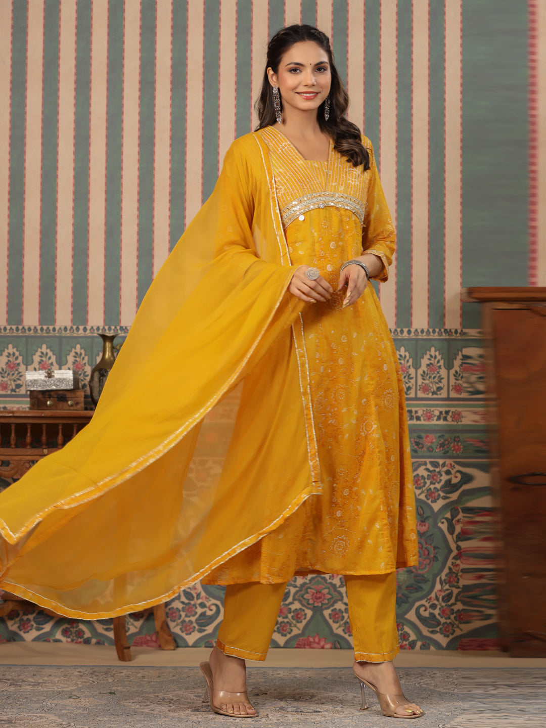 Anarkali Style Mulmul Cotton Fabric Mustard Color Kurta And Bottom With Dupatta