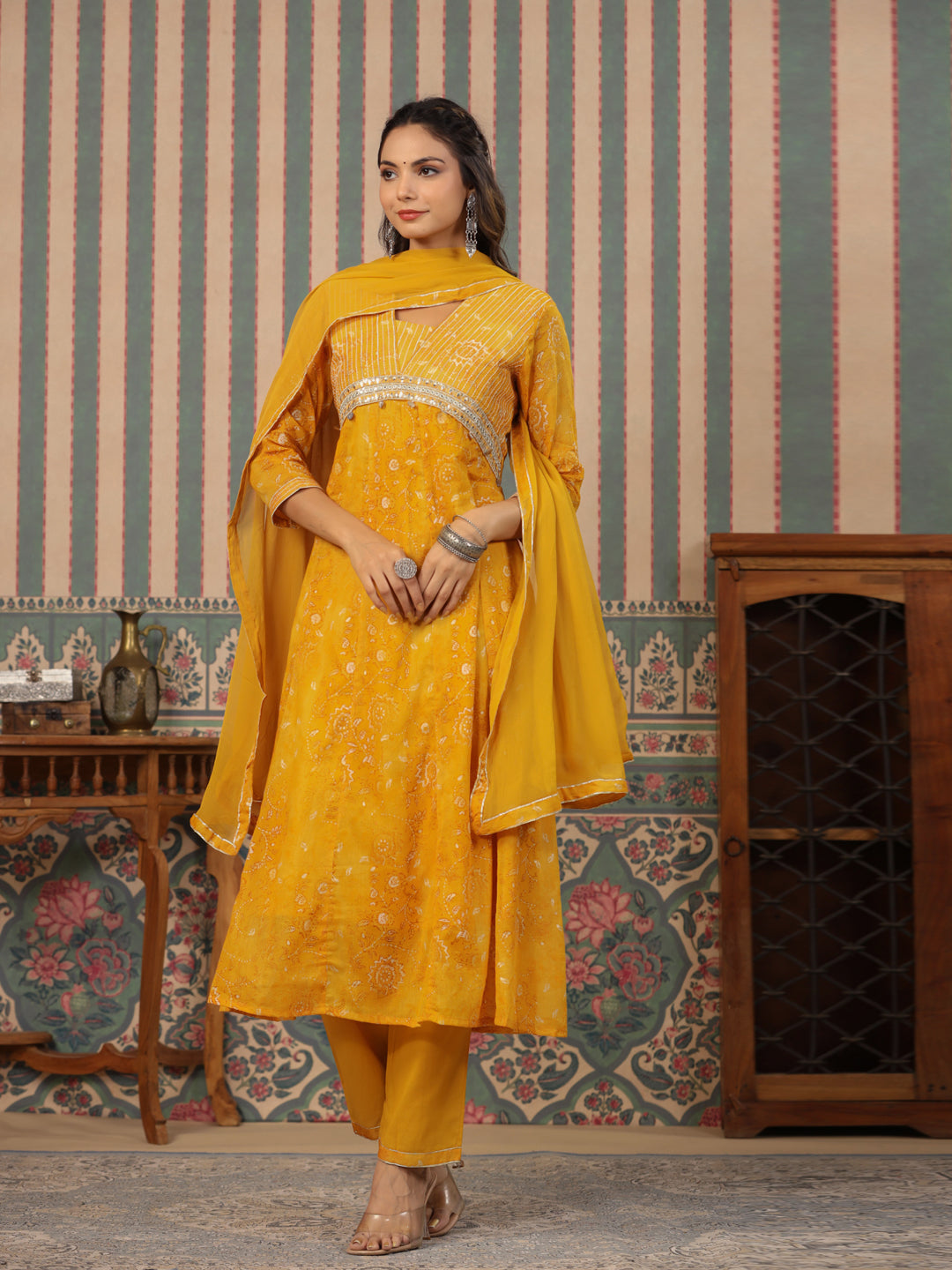 Anarkali Style Mulmul Cotton Fabric Mustard Color Kurta And Bottom With Dupatta