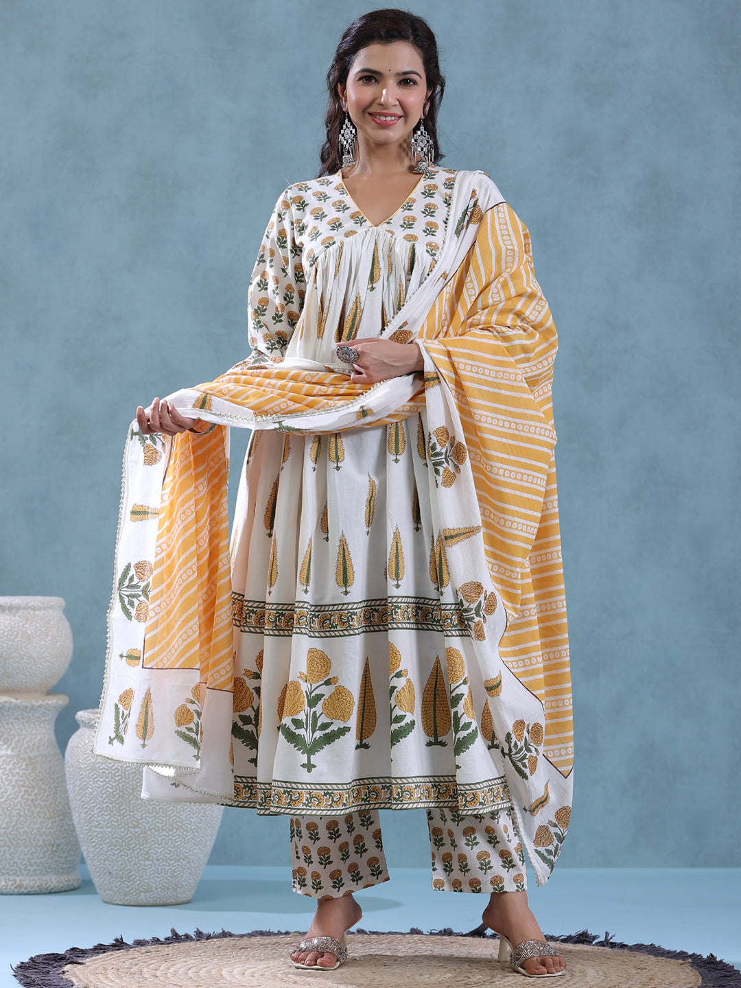 Flared Style Cotton Fabric Cream Color Kurta And Bottom With Dupatta