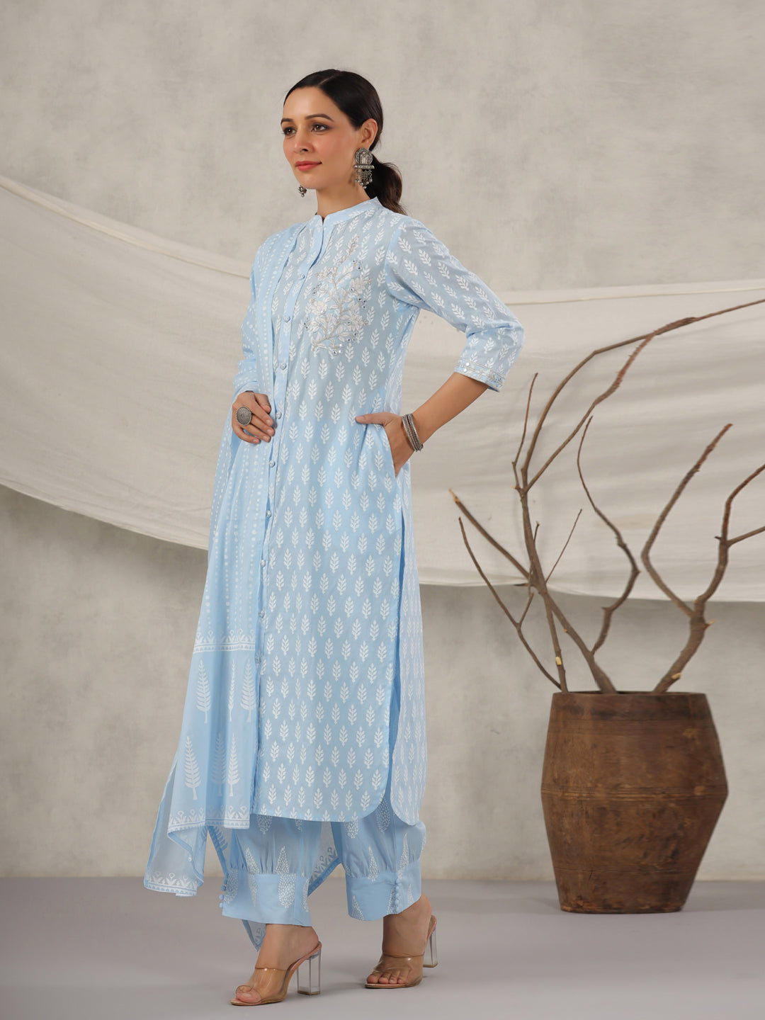Straight Style Cotton Fabric Blue Color Kurta And Bottom With Dupatta
