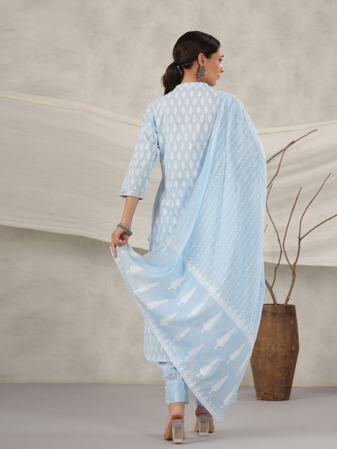 Straight Style Cotton Fabric Blue Color Kurta And Bottom With Dupatta