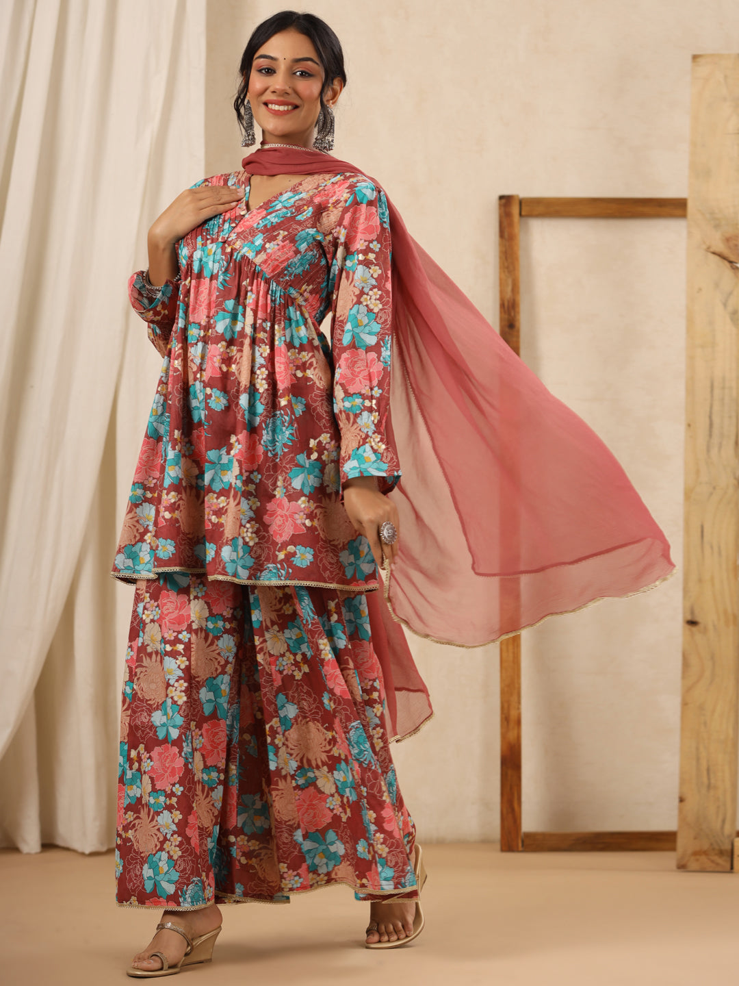 Flared Style Cotton Fabric Rust Color Kurta And Bottom With Dupatta