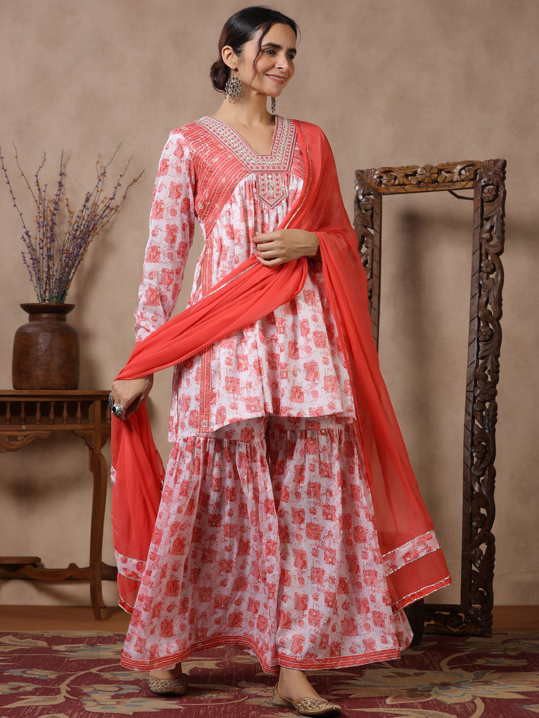 Flared Style Mulmul Cotton Fabric Pink Color Kurta And Sharara With Dupatta