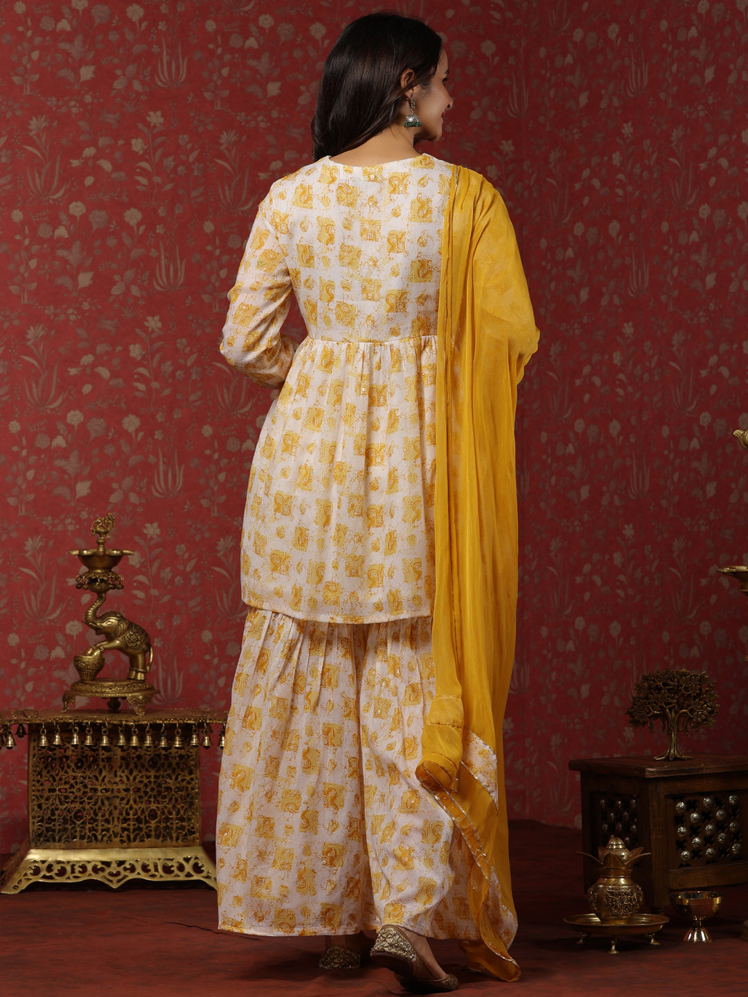 Flared Style Mulmul Cotton Fabric Mustard Color Kurta And Sharara With Dupatta