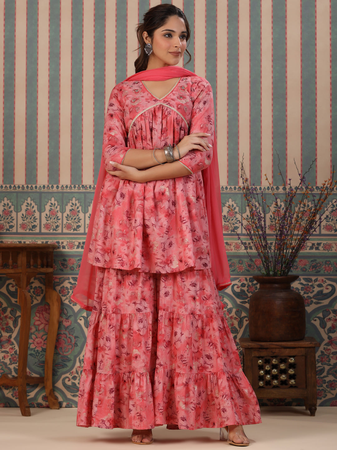 Flared Style Mulmul Cotton Fabric Pink Color Kurta And Sharara With Dupatta