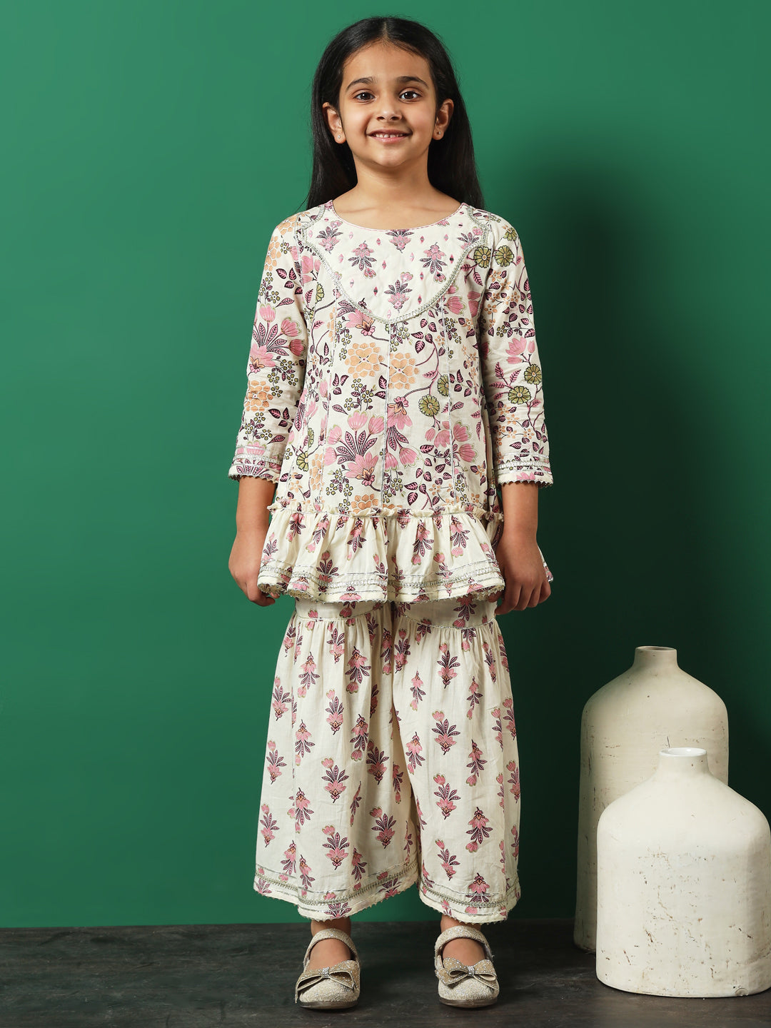 Anarkali Style Cotton Fabric Pink Color Kurti With Sharara