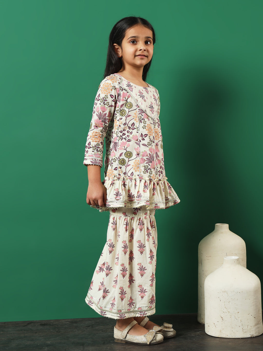 Anarkali Style Cotton Fabric Pink Color Kurti With Sharara