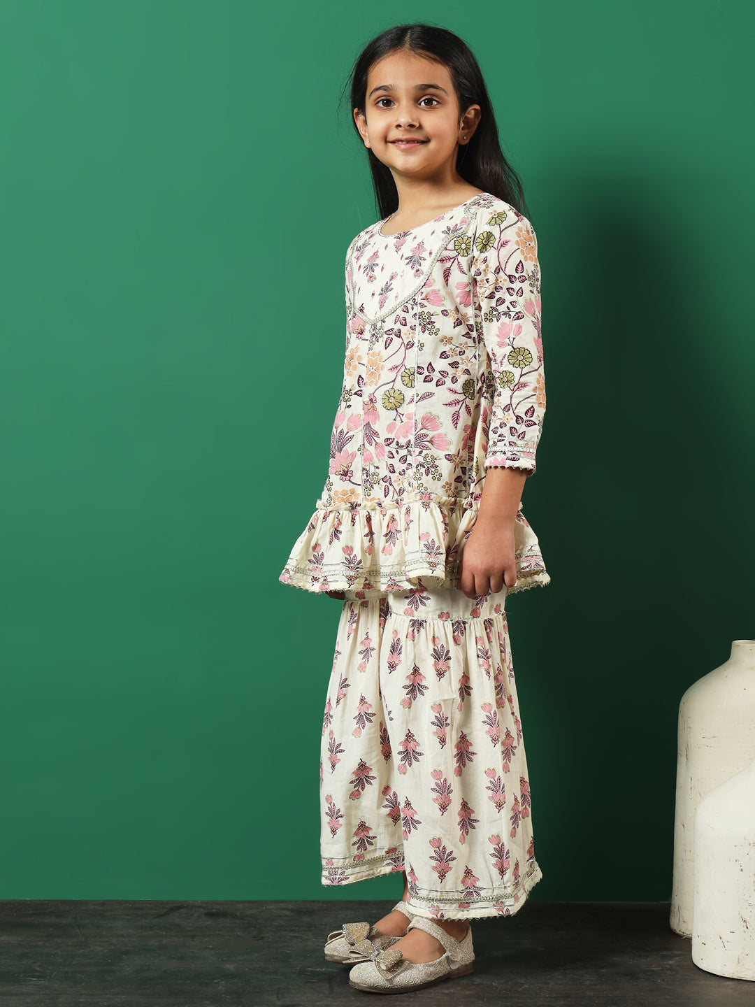 Anarkali Style Cotton Fabric Pink Color Kurti With Sharara