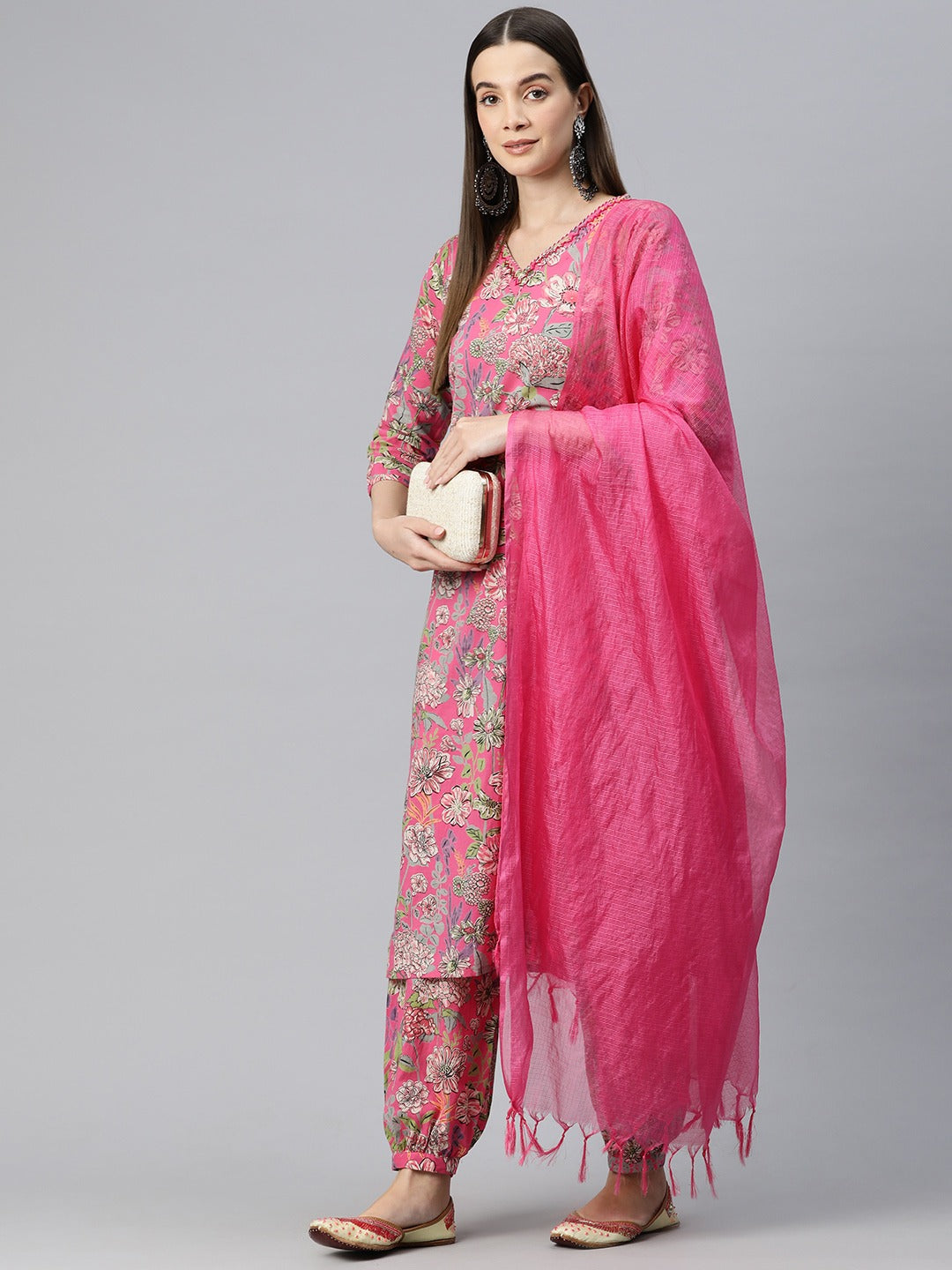 Straight Style Cotton Fabric Pink Color Kurta And Bottom With Dupatta
