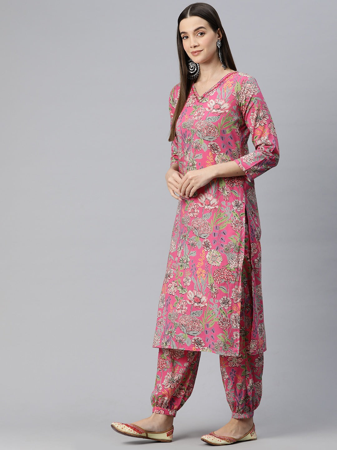 Straight Style Cotton Fabric Pink Color Kurta And Bottom With Dupatta