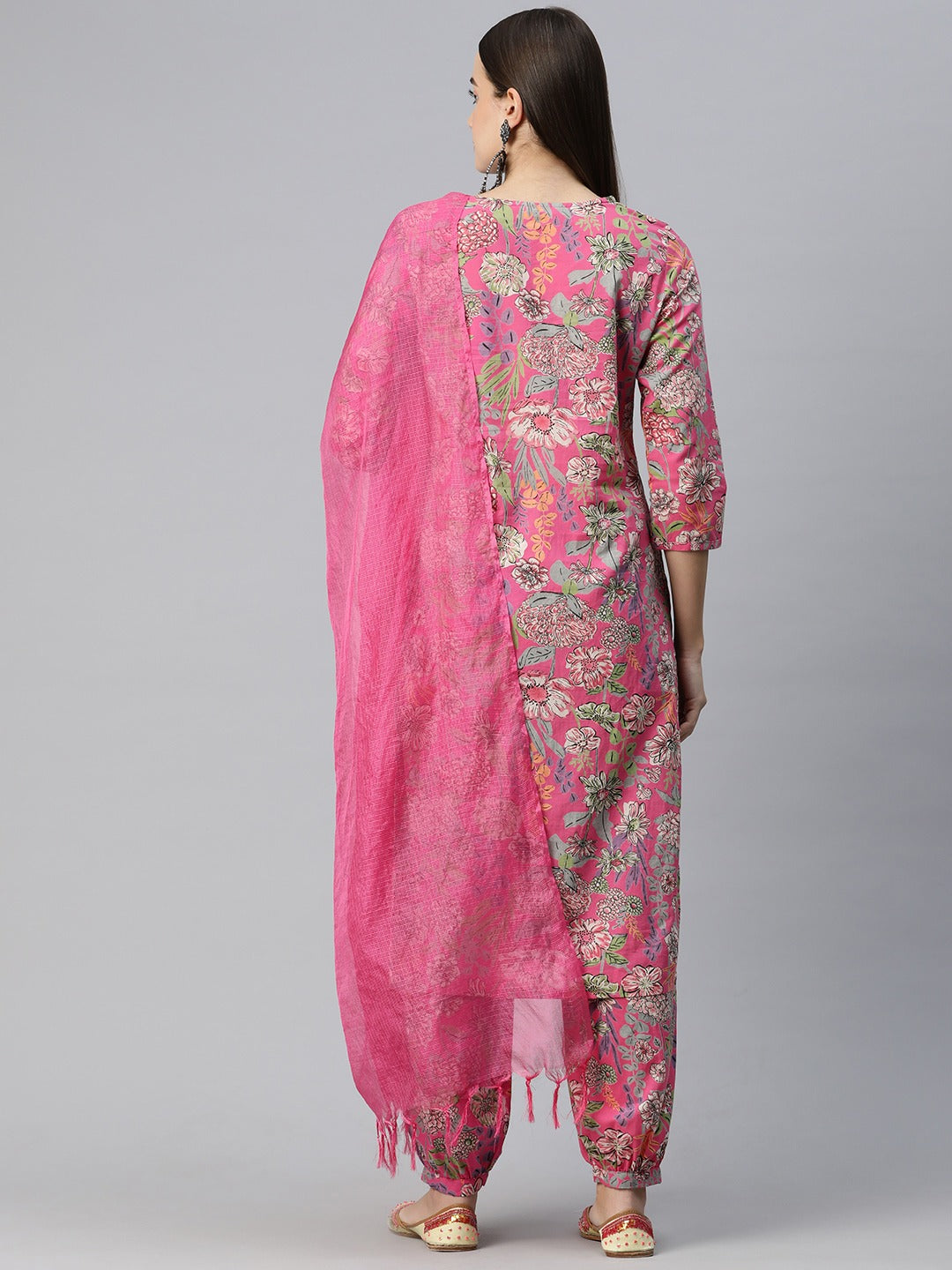 Straight Style Cotton Fabric Pink Color Kurta And Bottom With Dupatta