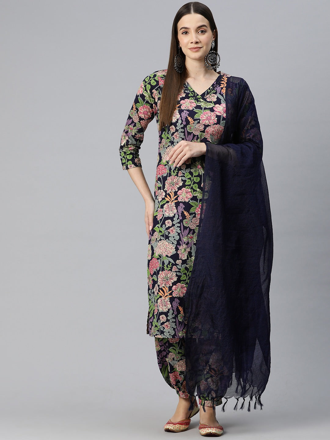 Straight Style Cotton Fabric Blue Color Kurta And Bottom With Dupatta