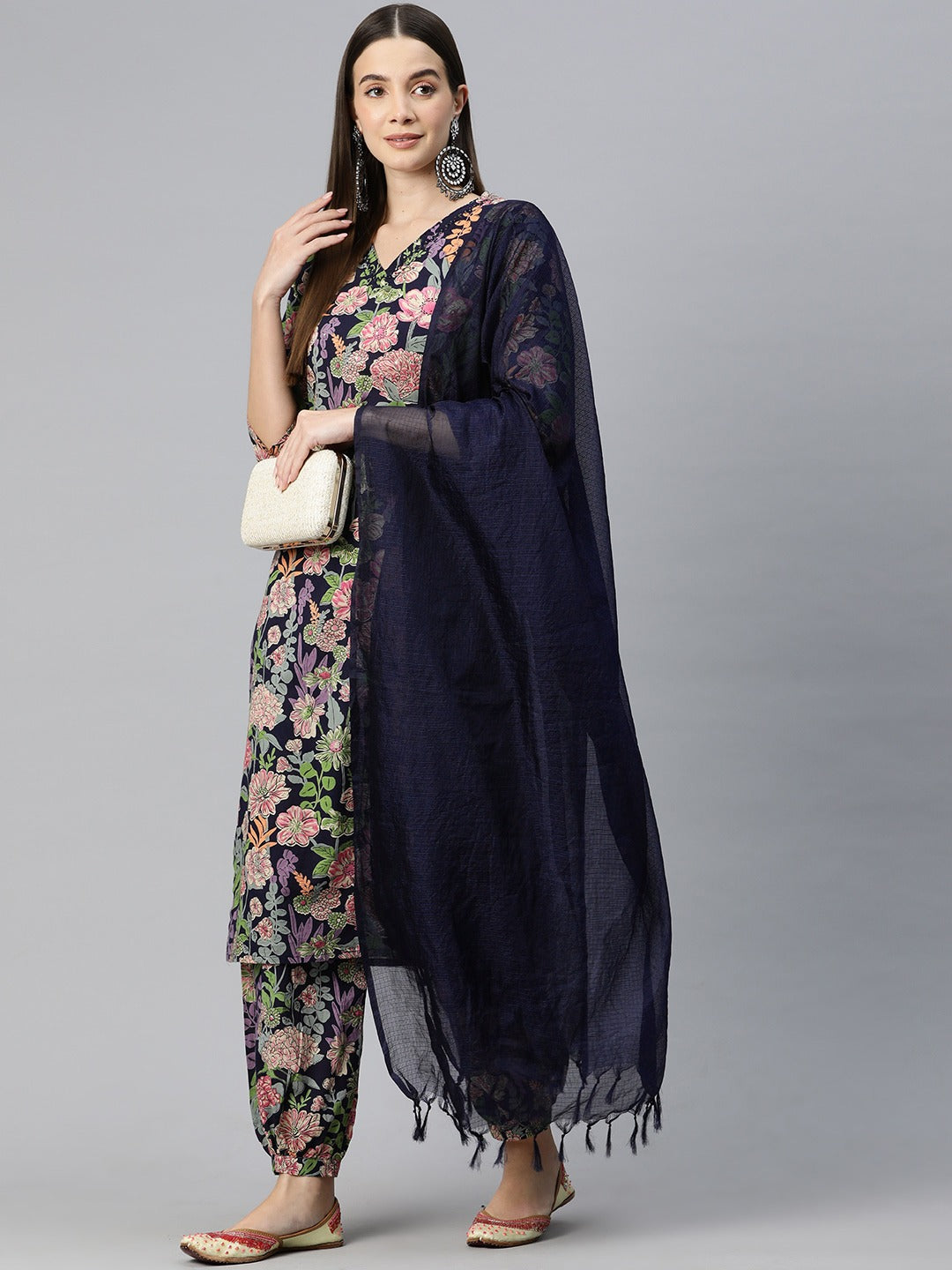 Straight Style Cotton Fabric Blue Color Kurta And Bottom With Dupatta