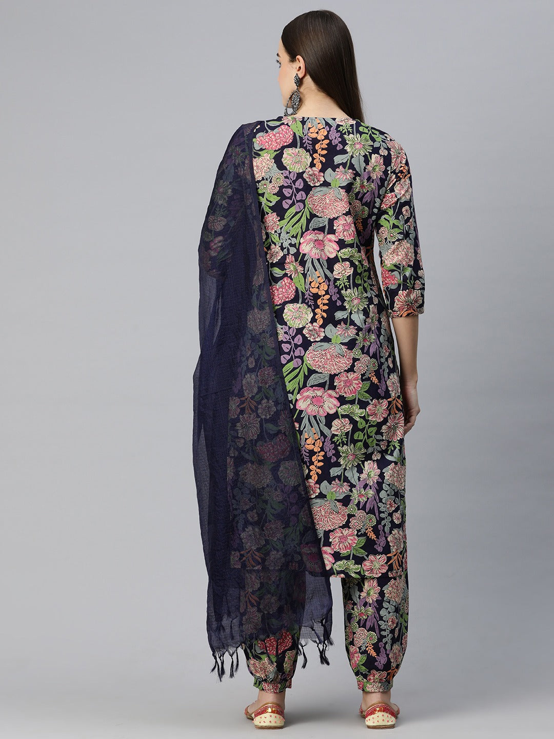 Straight Style Cotton Fabric Blue Color Kurta And Bottom With Dupatta