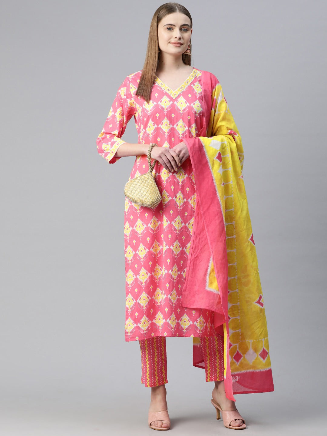 Straight Style Cotton Fabric Pink Color Kurta And Bottom With Dupatta