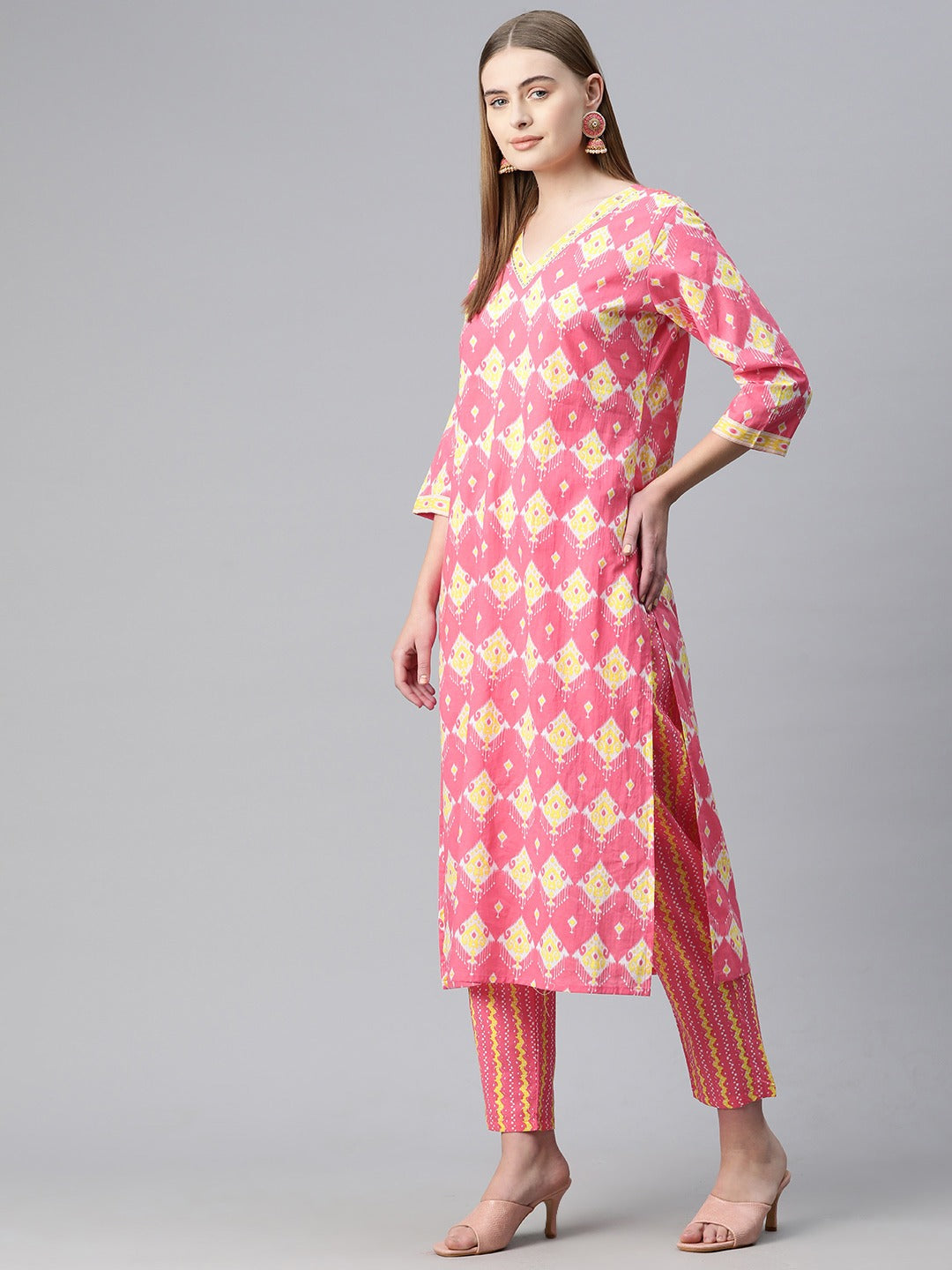 Straight Style Cotton Fabric Pink Color Kurta And Bottom With Dupatta