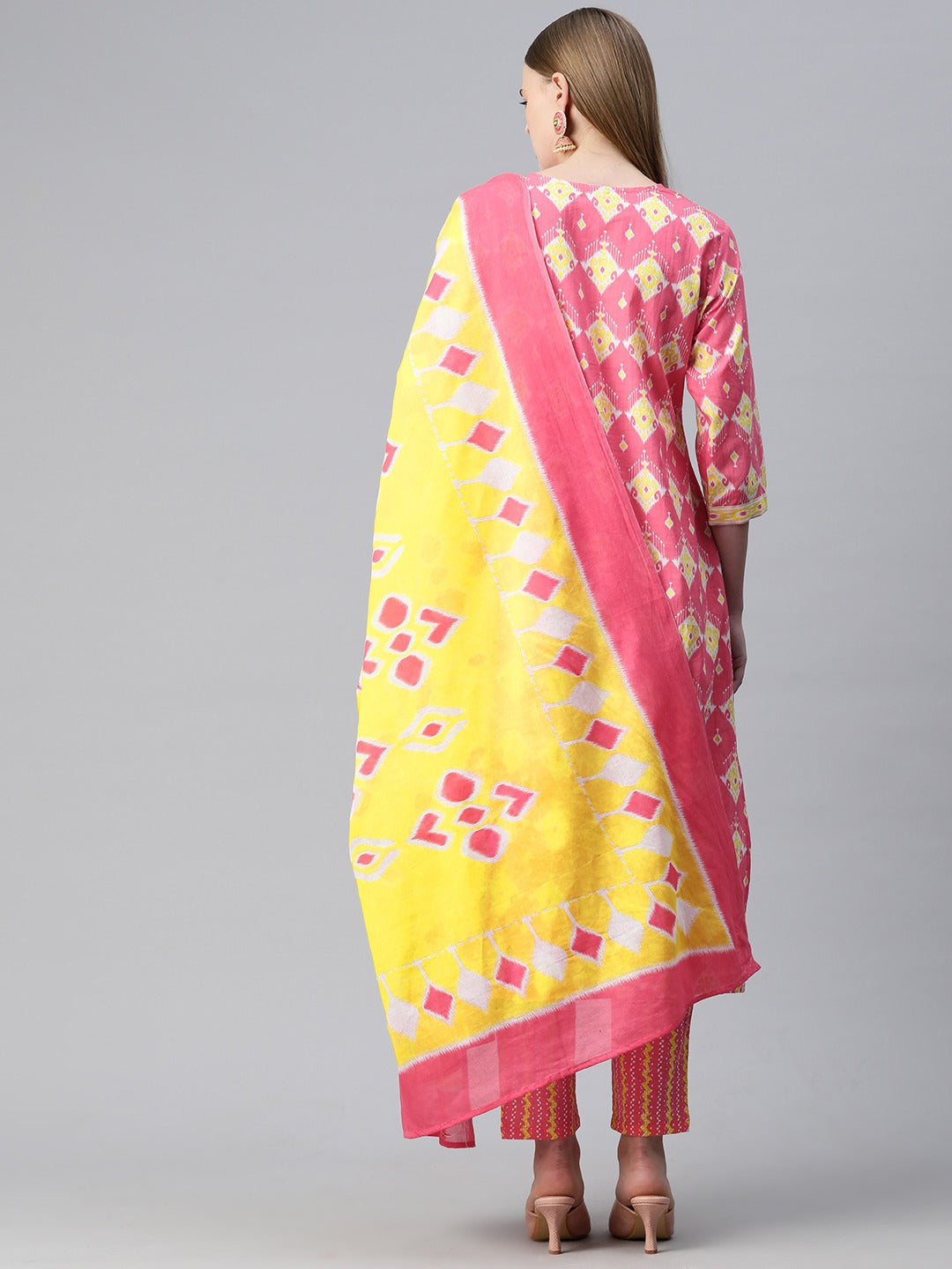 Straight Style Cotton Fabric Pink Color Kurta And Bottom With Dupatta