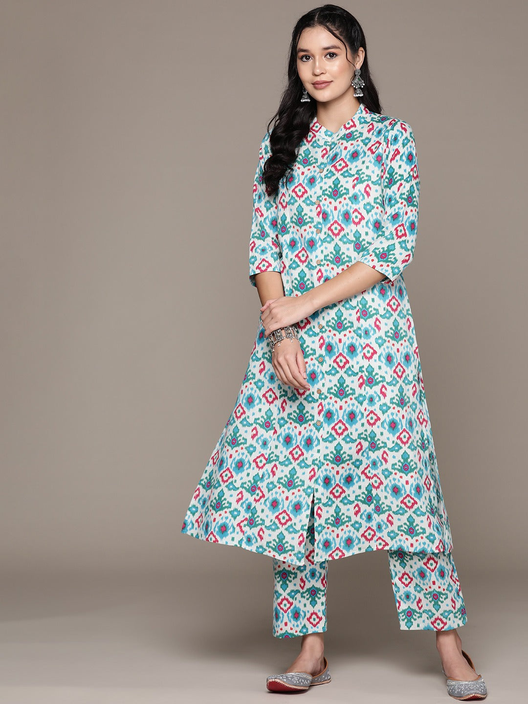 A Line Style Cotton Fabric Blue Color Kurta With Bottom