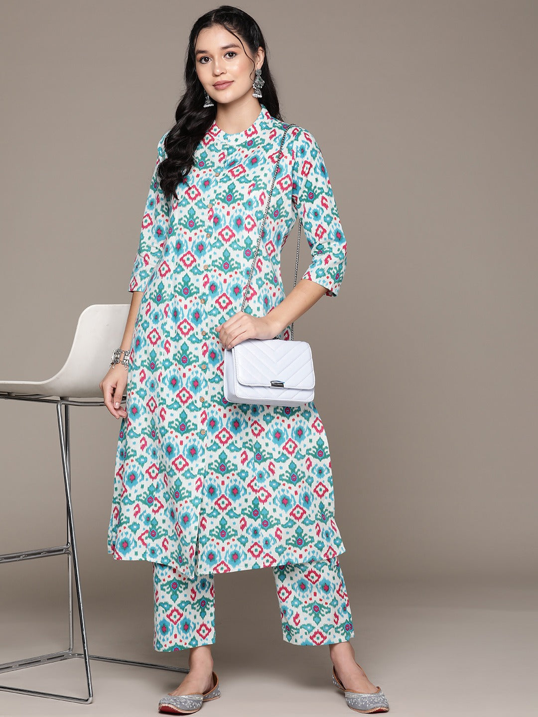 A Line Style Cotton Fabric Blue Color Kurta With Bottom