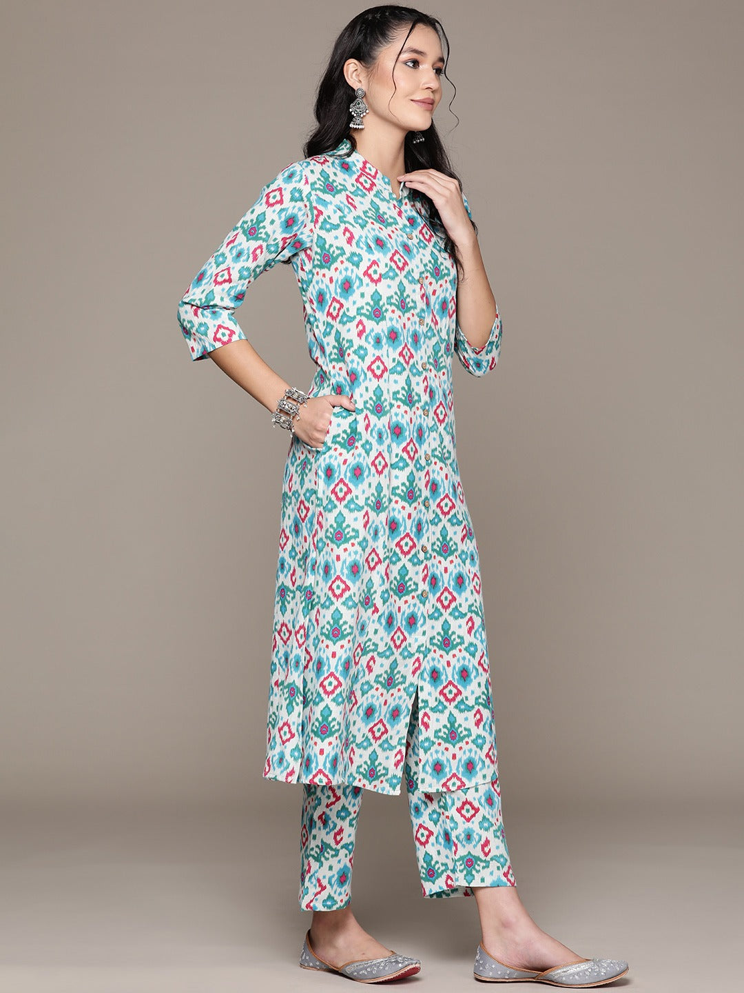 A Line Style Cotton Fabric Blue Color Kurta With Bottom