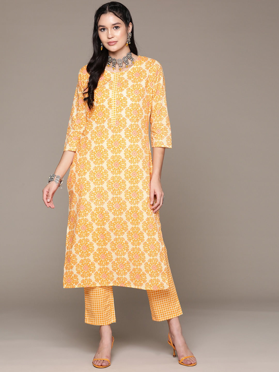 Straight Style Cotton Fabric Yellow Color Kurta With Bottom