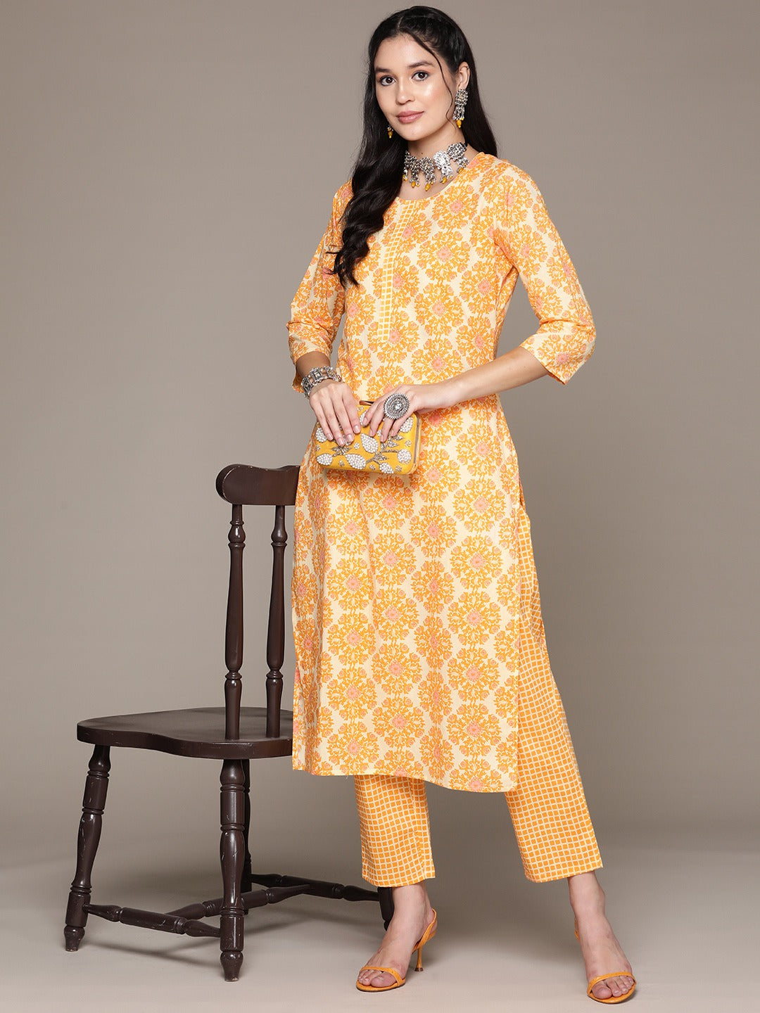 Straight Style Cotton Fabric Yellow Color Kurta With Bottom