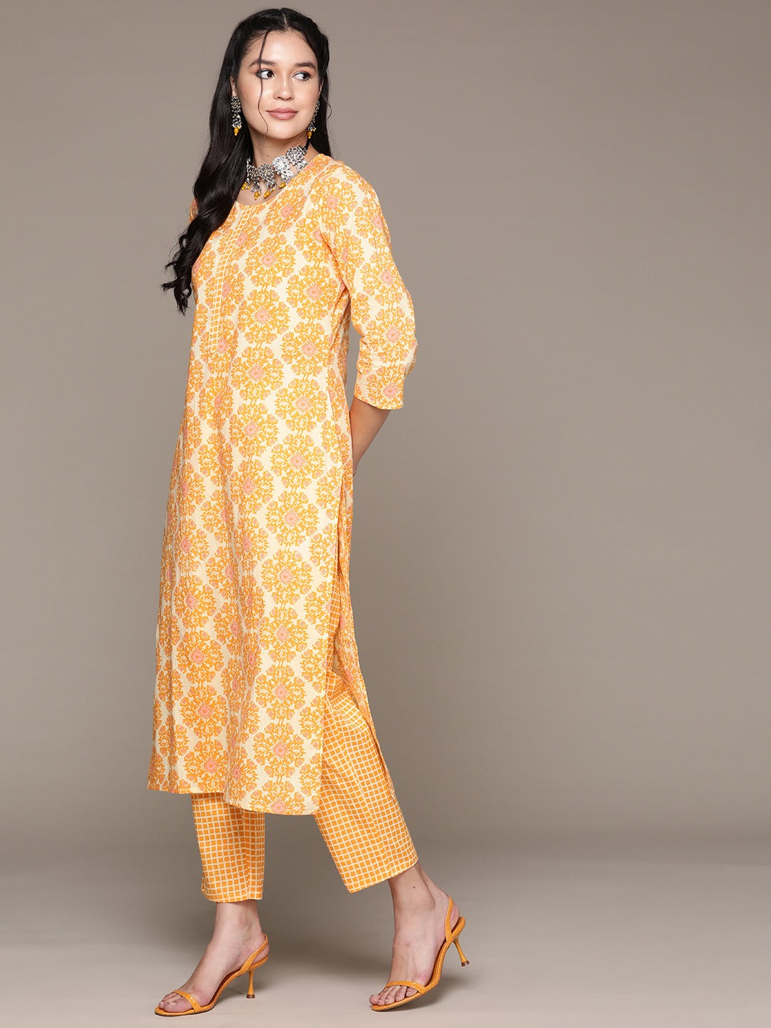 Straight Style Cotton Fabric Yellow Color Kurta With Bottom