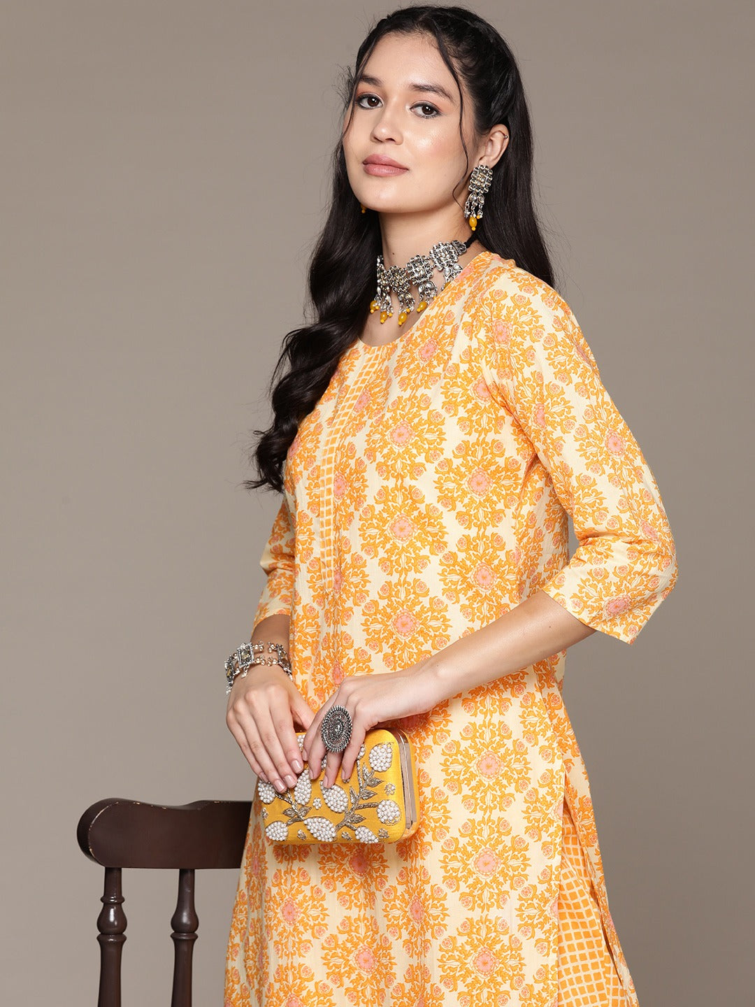 Straight Style Cotton Fabric Yellow Color Kurta With Bottom