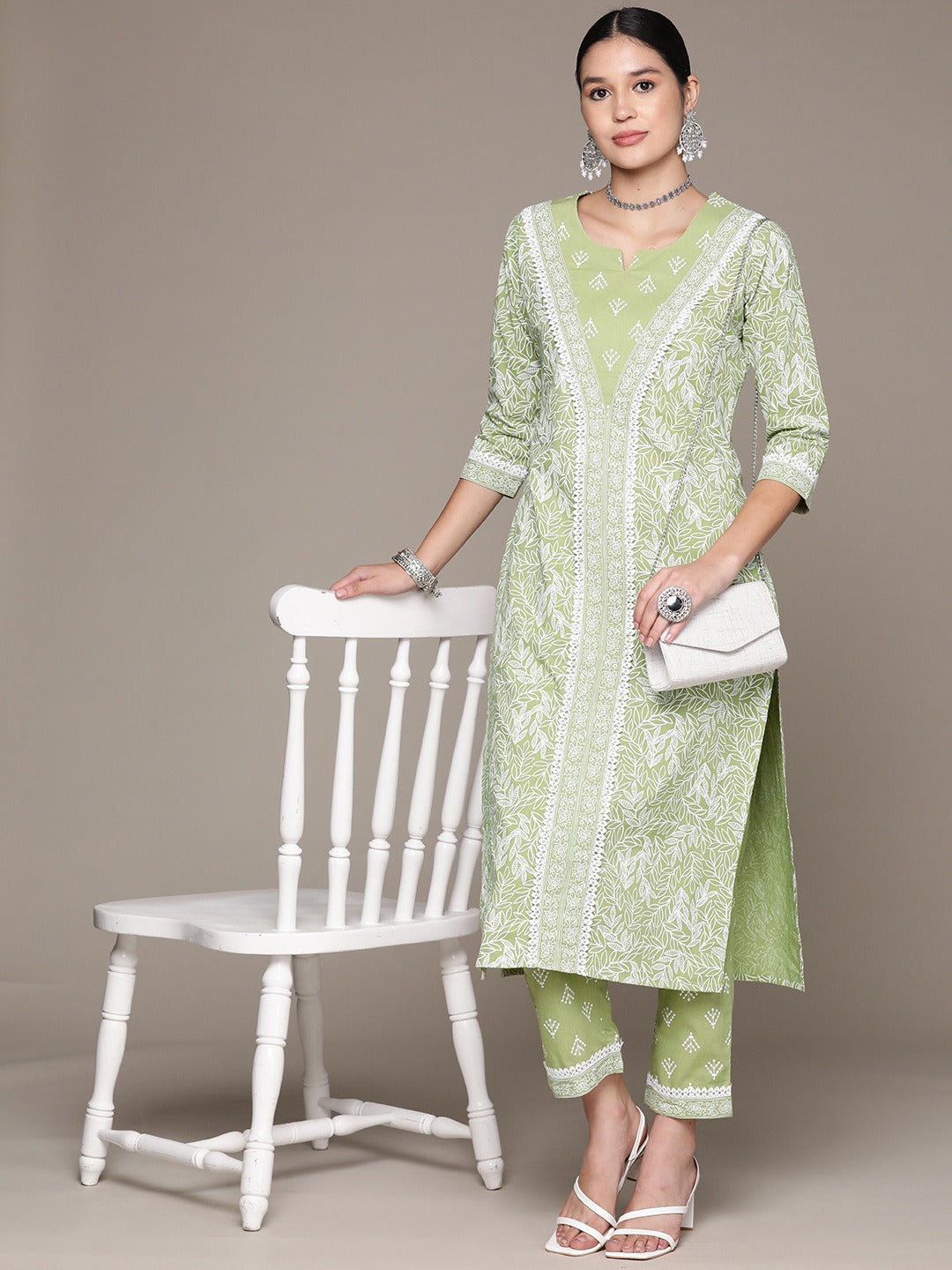 Straight Style Cotton Fabric Green Color Kurta With Bottom