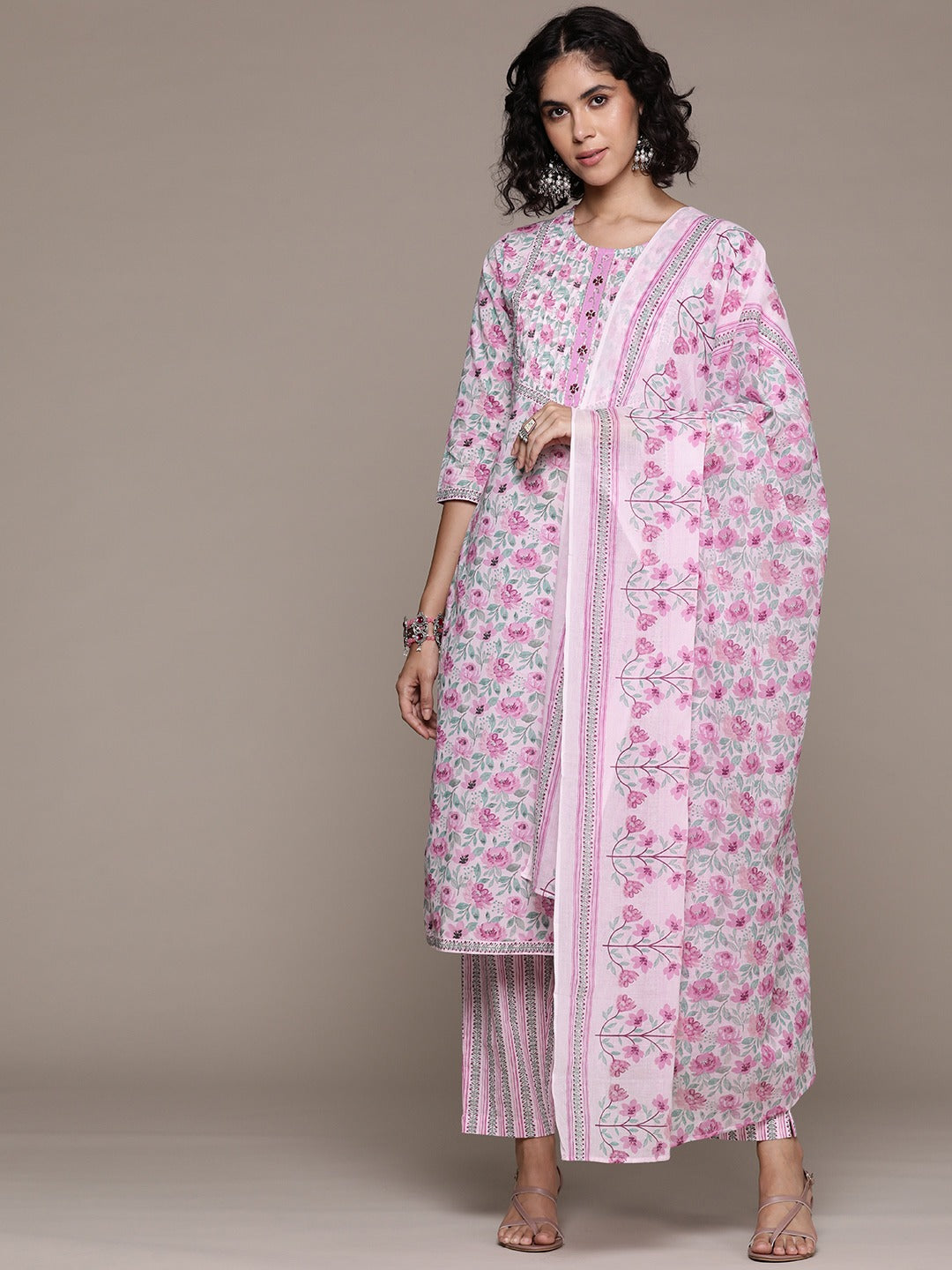 Straight style cotton fabric Pink color kurta with Bottom and dupatta