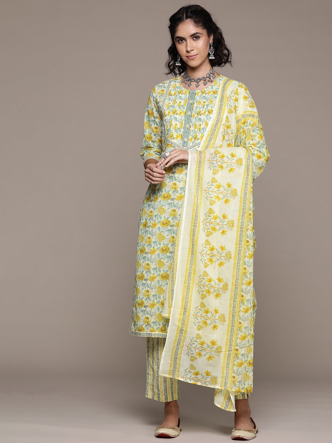 Straight style cotton fabric Yellow color kurta with Bottom and dupatta