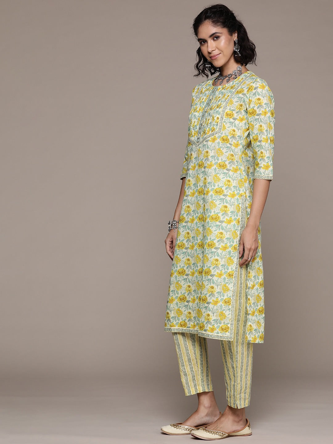 Straight style cotton fabric Yellow color kurta with Bottom and dupatta